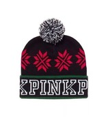 Victoria&#39;s Secret PINK Logo ~ Pom-Pom Beanie ~ Knit Hat ~ Black ~ Fair Isle - £14.64 GBP