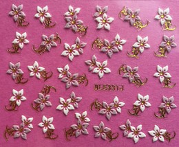 Nail Art 3D Decal Stickers Flowers White &amp; Pink Gold Accents BLE331J - £2.62 GBP