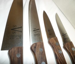 VANADIUM STAINLESS STEEL 4 KNIFE SET W/ROSEWOOD HANDLE &amp; STORAGE HOOK RA... - £39.96 GBP