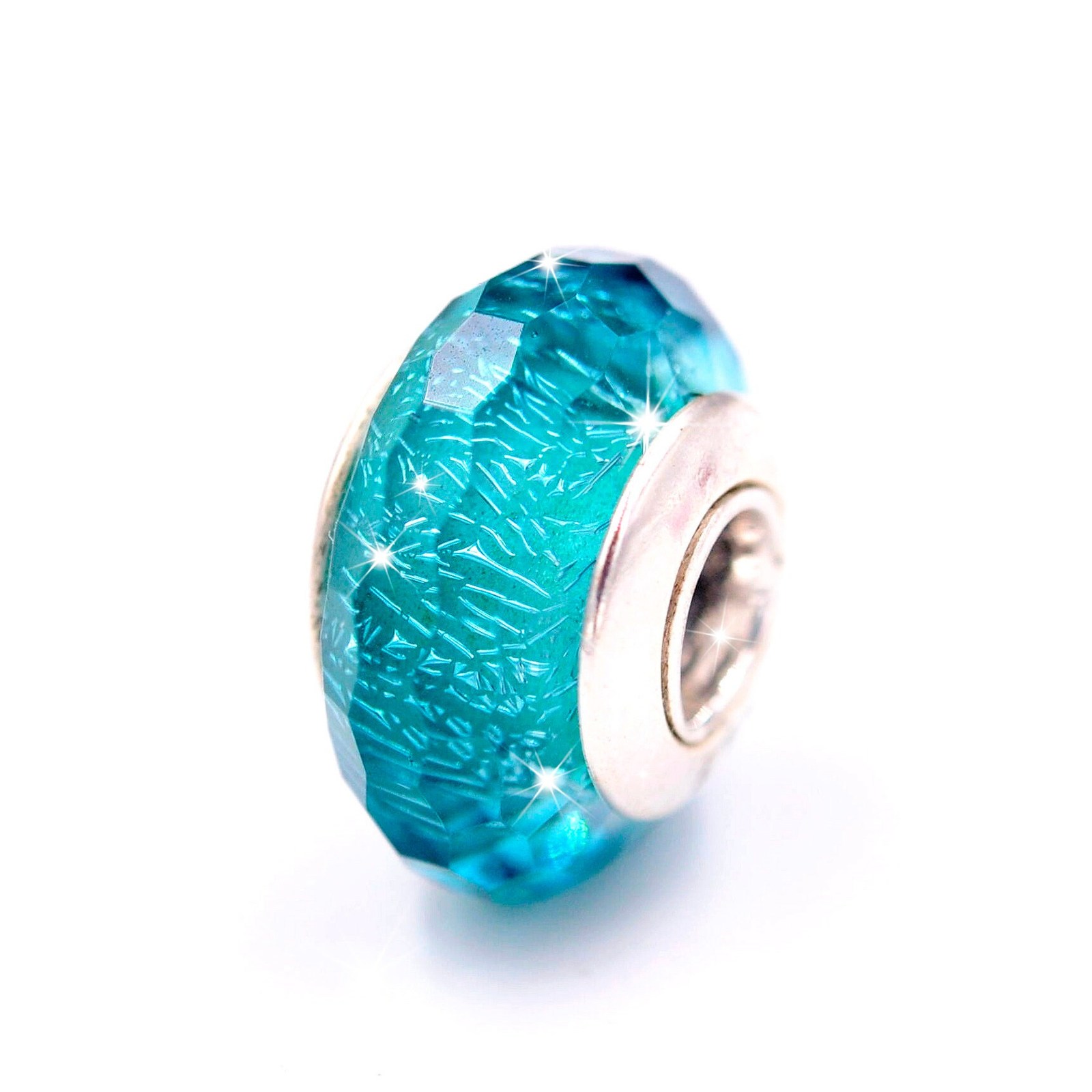 TOP 2016 Summer 925 Silver Handmade Teal Shimmer Faceted Murano Glass Charm Bead - $12.50