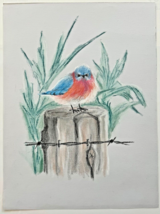 Eastern Bluebird on Barb Wire fence Post Pastel Sketch 9x12 inches - £30.57 GBP