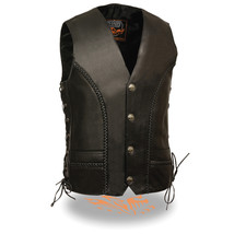 Mens Leather Braided Side Lace Vest with Buffalo Snaps - £77.52 GBP