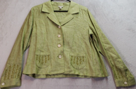 J. Jill Blazer Womens Petite Medium Green Linen Embroidered Floral Button Front - £20.26 GBP