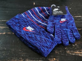 Nike 2 Piece Set Beanie Hat/Gloves Blue/Red/White Line Youth Kid Size - £21.73 GBP