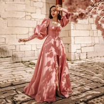 Pink Elegant Long Puff Sleeves Square Neck Satin Prom Dresses Split Lace-up Back - £299.80 GBP