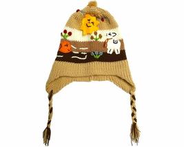 Multicolored Embroidered Animal Striped Knit Puff Ball Pom Beanie Earflap Warmer - £15.81 GBP