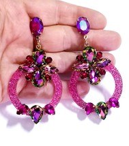 Pink Chandelier Earrings, Rhinestone Drop Earrings, Dangle Austrian Crystal Jewe - £32.67 GBP