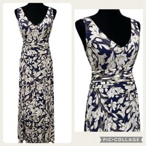 London Times Navy Blue Tan Floral Sleeveless Ruched Maxi Dress Size 8 - $29.99