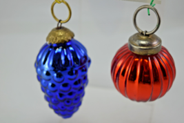 Lot of 2 Vintage Mercury Glass Brass top Blue Pinecone and Red Ribbed Ball - £15.79 GBP