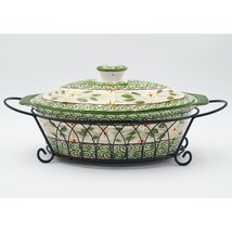 Temp-Tations Old World Green 3.5 Quart Oval Casserole Covered &amp; Metal Stand - £52.95 GBP