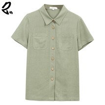 Women&#39;s linen short-sleeved shirt with double pockets slim short style - $69.99+
