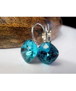 Silver Dangle silver earrings w/ Swarovski Indicolite Blue square crysta... - £19.18 GBP