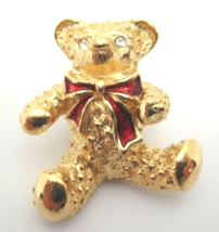 Avon Teddy Bear Pin Brooch Gold Tone with Clear Rhinestone Eyes Red Bow - £3.62 GBP