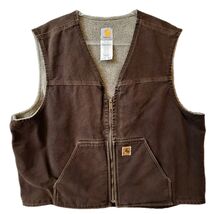 Carhartt Sherpa Lined Mens Zip Chore Coat Vest Canvas Dark Brown Sz 2XL ... - $48.01