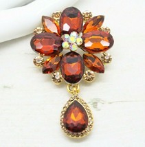 Stunning Vintage Style Amber and Brown Crystal Floral Drop BROOCH Pin Je... - $14.73