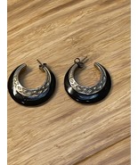 Gold Tone Black Enamel Dangle Hoop Earrings Estate Fashion Jewelry Find KG - $9.89