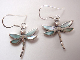 Blue Green Mother of Pearl Dragonfly 925 Sterling Silver Dangle Earrings - £14.14 GBP