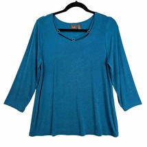 Chicos Travelers Shirt Size 1 US 8 Medium Teal Slinky Knit 3/4 Sleeve Casual - £13.38 GBP