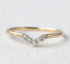 Chevron V Shaped Moissanite  14K Yellow Gold Plated Ring Minimal Wedding Band - £33.45 GBP