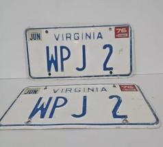 Virginia 1976 License Plate PAIR # WP J 2 Congressman W.p. Jennings  - £30.51 GBP