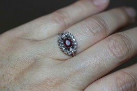 Fine 18K White Gold Natural Ruby Diamond Cluster Halo Ring  Size 6.5 - £402.76 GBP