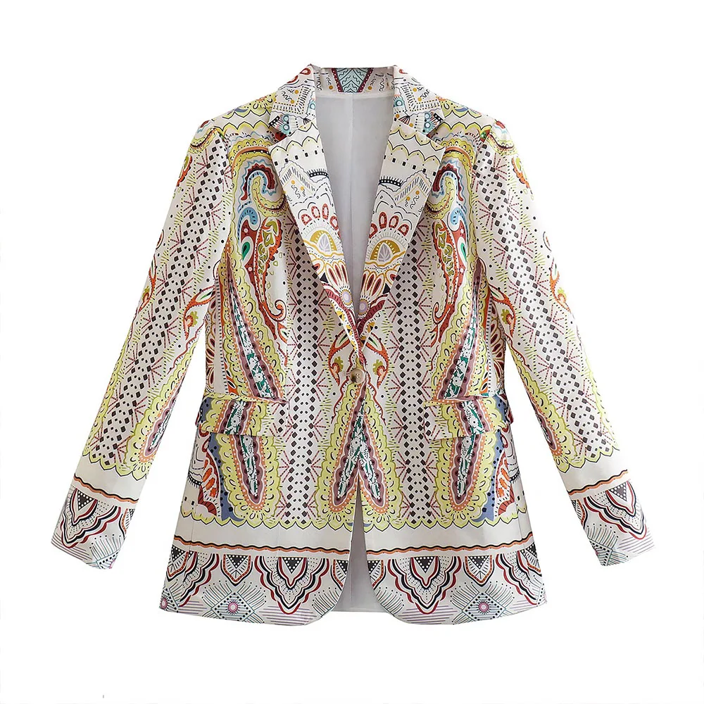 Women    Printed Casual Blazer Vintage Lapel Long Sleeves Flap Pockets Button Ch - £121.48 GBP