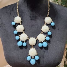 Womens White Blue Bubble Beaded Gold Tone Statement Necklace with Lobster Clasp - £23.46 GBP