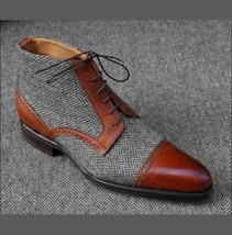 Männer Handgfertigt Zwei Töne Leder Tweed Stoff Stiefel Brogue Ledersohle Schuhe - £127.51 GBP+