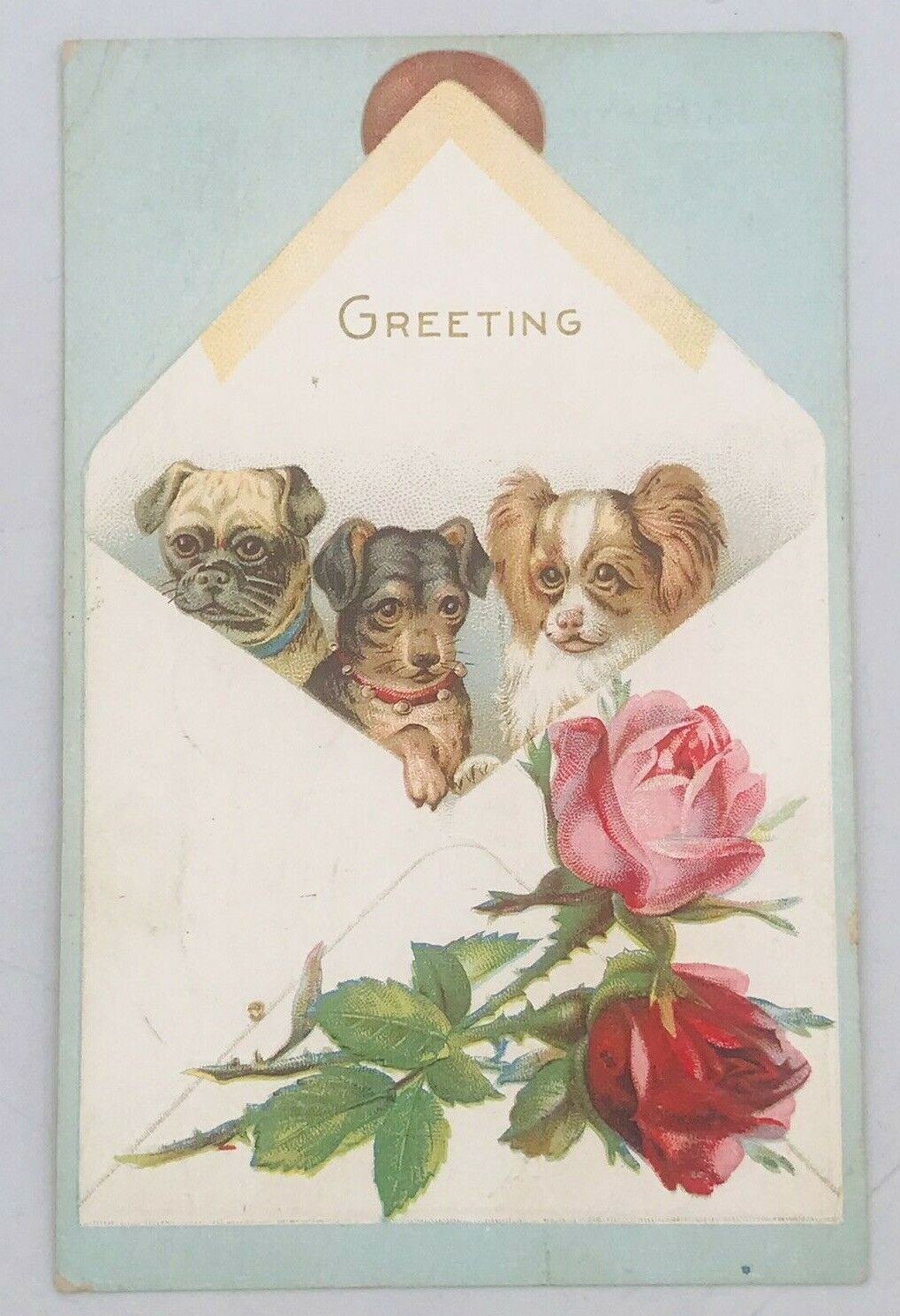 Primary image for Antique 1911 Embossed 3 Puppies Dog Tucked in Envelope Postcard w/Roses