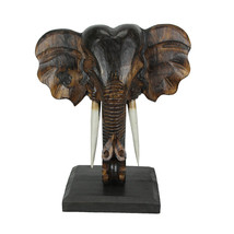 Wooden Carved African Elephant Head Bust Sculpture with Stand Home Decor... - $79.57