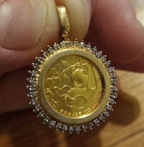 Yuan Chinese Panda 1985 1 20&quot; Coin Pendant Moissanite Bezel 14k Yellow Gold Over - £105.25 GBP