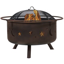 Moon Stars Sky Steel Fire Pit Bowl with Screen Cooking Grate and Poker - £195.59 GBP