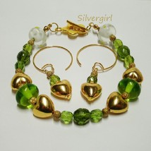 Green Gold Lampwork Heart Bracelet Earring Set - £13.29 GBP