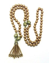 Golden Glass Pearl Green Pave Rhinestone Magnetic Bead Converter Tassel Necklace - £18.98 GBP