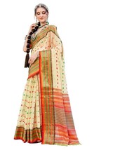 new CREAM color Saree, Cotton Blend Saree, Zari Woven Work Saree - $18.72