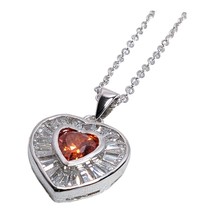 Silver Tone Necklace With Heart Pendant with Baguette CZ Stone &amp; Red Rhinestone  - £20.67 GBP