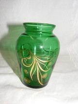 Vintage Small Glass Vase Green with Gold Design 2-south - $368.72 MXN