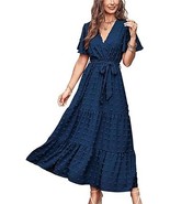 Solid Tie Belt A Line V Neck Flutter Short Sleeve Long Dresses - $39.99