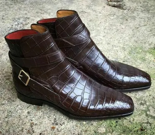 Men Handmade Brown Color Crocodile Embossed Calfskin Leather Jodhpurs an... - $159.99