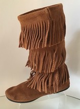 MINNETONKA 1632 Three Layered Fringe Moccasin Boots, Brown (Size 8) - £32.01 GBP