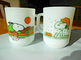 Lot Of 2 Vintage 1958 Snoopy Fire King Coffee Cups Keeping Fit Is Hard Work + 1 - £111.90 GBP