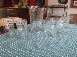 Clear Depression Glass Pitcher/4 Goblet Bubble Bullseye Or Hexagon Beverage Set - $68.31