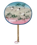 Vintage Japanese Hand Fan With Crane Design &amp; Bamboo Handle - $78.77 CAD