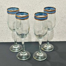 MCM Mid Century4 Clear Champagne Flutes Blue Braided Band Gold Rim Barware - £25.29 GBP