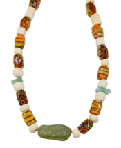 Handcrafted Artisan Stone Wood Millefiori Glass Bead Necklace - $15.84