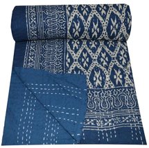 Indian Handmade Blue Kantha Quilt Pure Cotton Hand Block Print Quilt Throw Blank - £51.66 GBP