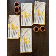 Vintage Vera Neumann Iris Yellow Cloth Napkin Set With Wooden Rope Napkin Rings - £23.72 GBP