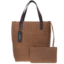 CAROL J Italian Made Natural Brown Woven Embossed Leather Tote Bag with Pouch - £363.16 GBP