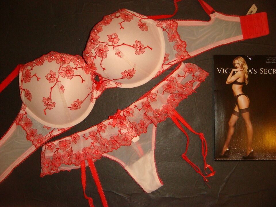 Primary image for Victoria's Secret 34D,38D BRA SET+garter thong WHITE RED SAKURA Embroidered Bead