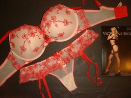 Victoria&#39;s Secret 34D,38D Bra Set+Garter Thong White Red Sakura Embroidered Bead - £93.44 GBP